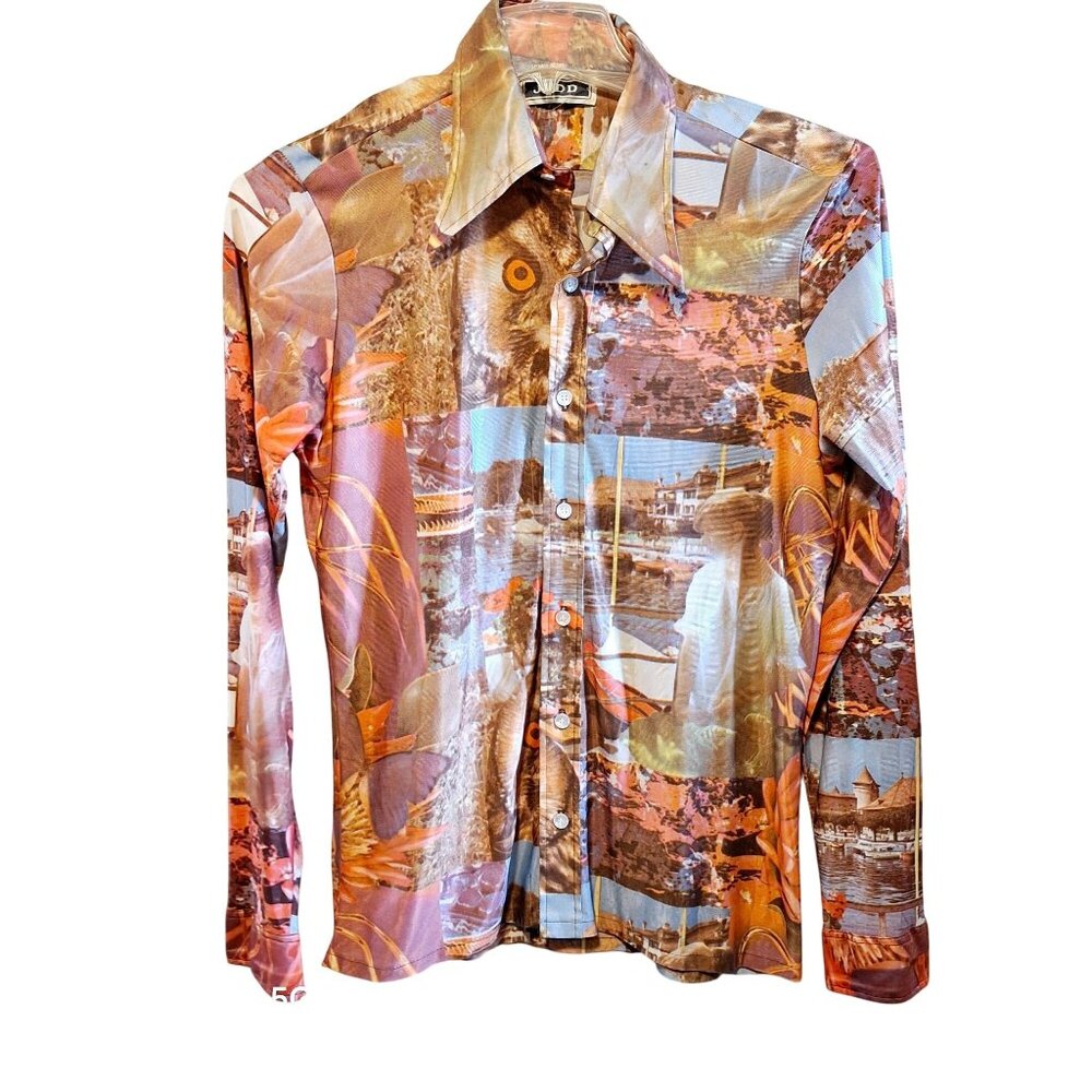 VTG 70s Mens Disco Acetate Button Up Shirt Large Owl Photo Collage Collar Silky